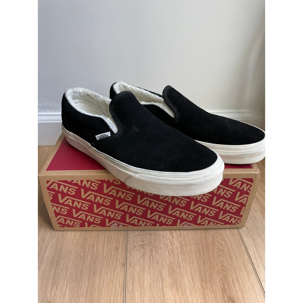 Vans Classic Slip-On Black Suede Faux Shearling Lining Mens 7 Womens 8.5 S-9